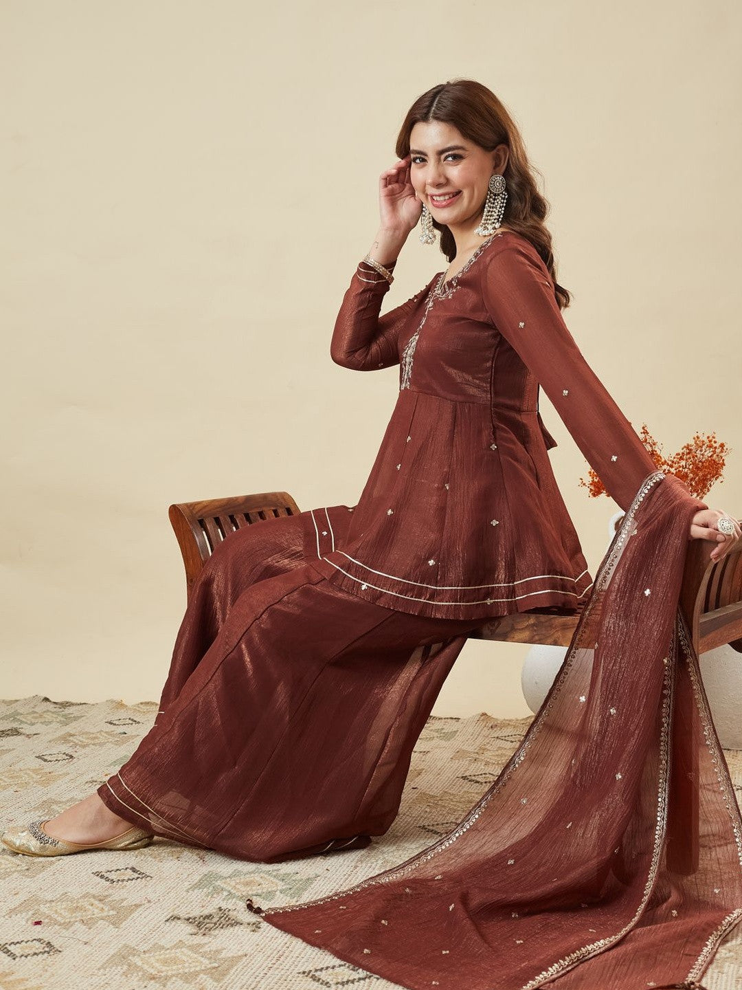 Rust Brown Fandy Silk Embroidered Festive Suit Set